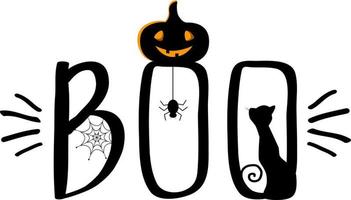 halloween belettering boo met zwarte kat en pompoen. vector