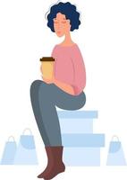 vrouw rust en drinkt koffie na het winkelen vector