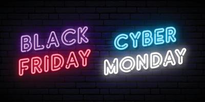 set zwarte vrijdag en cyber maandag neonontwerpen vector