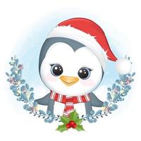 schattige pinguïn en krans kerst, kerst aquarel illustratie. vector
