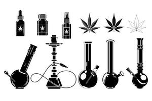 set van cannabis bladeren, waterpijpen, waterpijpen pictogrammen. cannabis, marihuana. vector