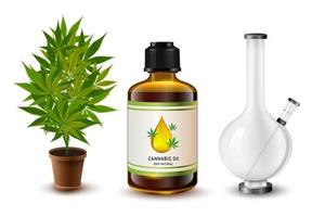 realistische waterpijp, cannabisblad, joint roken en olie vector