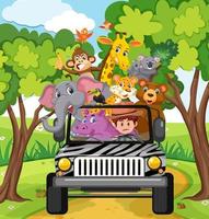 dierentuinscène met vrolijke dieren in de auto vector