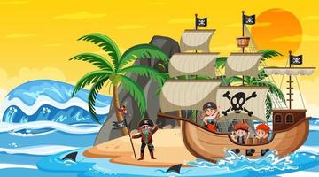 eiland met piratenschip bij zonsondergangscène in cartoonstijl vector