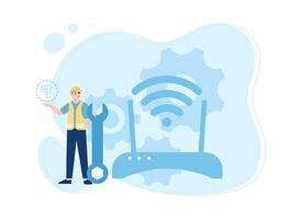 arbeider controle de Wifi router concept vlak illustratie vector