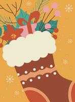 gelukkig nieuw jaar en vrolijk Kerstmis groet kaart met sok en decor, takjes, sneeuwvlokken, geschenk dozen, bladeren, kaneel. vector