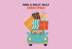 gelukkig nieuw jaar en vrolijk Kerstmis vakantie kaart, ansichtkaart Sjablonen met auto, cadeaus en sneeuw. vrolijk kerstmis, gelukkig vakantie, hulst vrolijk tekst. vector