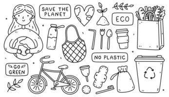 reeks van Gaan groente, opslaan de planeet krabbels. een meisje Holding de aarde, hartvormig planeet, fiets, maas tas, staal bestek, recycle bak, herbruikbaar artikelen, papier boodschappen doen tas. nul afval, ecologie concept. vector