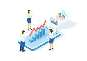 gegevens analyse, financieel uitspraak of boekhouding, bedrijf omzet of investering begroting met afzet winst, belasting, begroting, isometrische zakenman en pier gegevens verslag doen van Aan smar chattelefoon vector