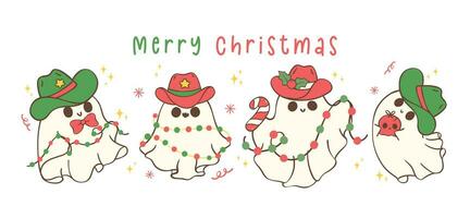 groep van schattig en kawaii Kerstmis cowboy geesten. feestelijk vakantie banier tekenfilm hand- tekening met aanbiddelijk houding vector