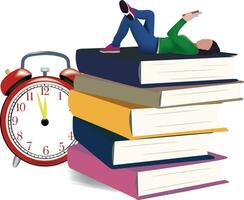 studie tijd meisje met een boek en wakker worden omhoog vector