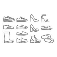 schoenen, mannen en Dames vector icoon set. hoog hakken, sportschoenen en laarzen schoen pictogrammen. bewerkbare lijn.