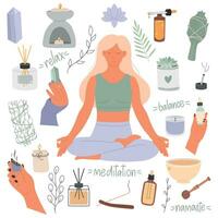 verzameling van yoga apparatuur. hand- getrokken reeks van elementen voor meditatie. essentieel oliën, kaarsen, meisje, wierook stokken, aromatherapie. vector