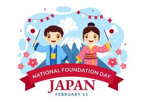gelukkig Japan nationaal fundament dag vector illustratie Aan februari 11 met beroemd Japans oriëntatiepunten en vlag in vlak kinderen tekenfilm achtergrond