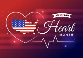 februari is Amerikaans hart maand vector illustratie met Verenigde Staten van Amerika vlag en rood liefde voor gezond in vlak tekenfilm achtergrond ontwerp