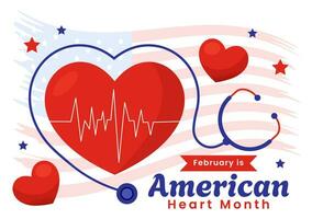 februari is Amerikaans hart maand vector illustratie met Verenigde Staten van Amerika vlag en rood liefde voor gezond in vlak tekenfilm achtergrond ontwerp