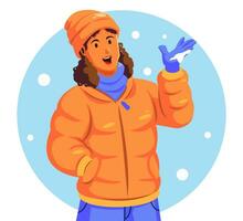 illustratie van een vrouw in een warm jasje Holding een sneeuwvlok vector