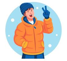 illustratie van een Mens vervelend winter kleren tonen vrede teken met beide handen vector
