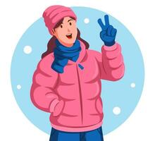 meisje vervelend een winter jasje tonen vrede teken vector