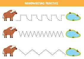 traceren lijnen voor kinderen. schattig buffel en water vijver. handschrift oefening. vector