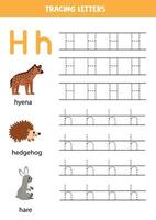 traceren alfabet brieven voor kinderen. dier alfabet. brief h is voor hyena egel en haas. vector