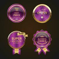 luxe gouden Purper uitverkoop badges en etiketten. retro wijnoogst uitverkoop cirkel insigne ontwerp vector