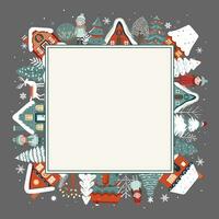 plein winter kaart, Kerstmis kader, scandi huizen, meisjes, hert, besneeuwd bomen. nieuw jaar, winter poster, ornament vector