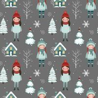 winter naadloos patroon met meisjes, huis, besneeuwd bomen. Kerstmis vector patroon. winter achtergrond ontwerp.