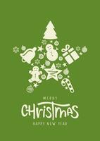 Kerstmis kaart met vrolijk Kerstmis en gelukkig nieuw jaar belettering met ster gemaakt van Kerstmis decoraties. Kerstmis kaart concept vector