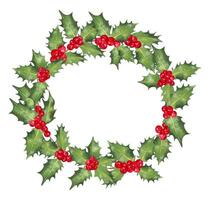 Kerstmis krans gemaakt van rood hulst bessen met groen bladeren. decor voor de nieuw jaar, Kerstmis en seizoensgebonden vakantie. traditioneel winter guirlande. vrolijk Kerstmis vakantie ontwerp.handgemaakt geïsoleerd kunst vector
