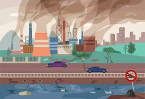 vector achtergrond met milieu vervuiling. fabriek fabriek rookt met smog, uitschot emissie van pijpen naar rivier- water. ecologie, natuur concept. vector illustratie