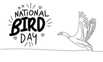 nationaal vogel dag tekst banier met een lijn doorlopend beeld vlieg vogel. lijn kunst vogel is vliegend schets met woorden nationaal vogel dag. hand- getrokken vector kunst.