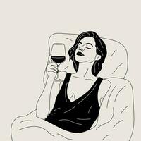 zwart en wit vrouw drankjes een glas van wijn in bed. vector. wijn tijd vector