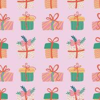 Kerstmis cadeaus naadloos patroon. feestelijk modieus decoratief roze geschenk dozen. hand- getrokken modern vector structuur