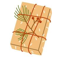 Kerstmis geschenk doos in kraft papier, vakantie inpakken. Cadeau versierd met BES tak, label, verpakt in eco gerecycled ambacht. vlak vector illustratie geïsoleerd Aan wit achtergrond