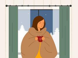 een meisje verpakt in deken met een mok van heet drinken in de buurt de venster. winter knus vector illustratie