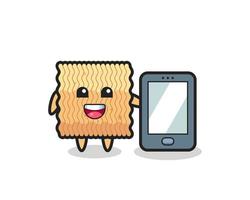 rauwe instant noodle illustratie cartoon met een smartphone vector