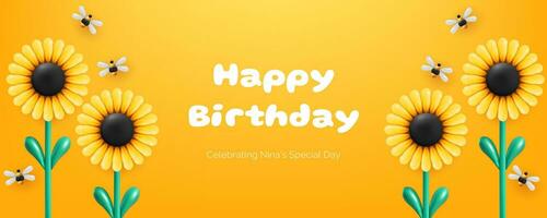 horizontaal banier in geel met een 3d illustratie met bloem zonnebloem ballonnen, bijen en een vrolijk verjaardag ontwerp. realistisch en schattig uitnodiging kaart. niet ai gegenereerd. vector