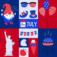 groet kaart met patriottisch symbolen van Verenigde Staten van Amerika onafhankelijkheid dag. sociaal media sjabloon voor 4e van juli. Amerikaans symbolen, standbeeld van vrijheid, grill, adelaar. vlak tekenfilm stijl. helder vector illustratie.