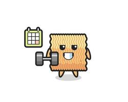 rauwe instant noodle mascotte cartoon doet fitness met dumbbell vector