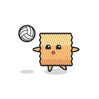 karakter cartoon van rauwe instant noodle speelt volleybal vector
