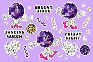 sticker reeks in 90s stijl met disco bal karakter. wijnoogst grappig tekenfilm karakter, disco partij verwant artikelen, groovy hand- getrokken belettering. perfect voor afdrukken, stickers, prints vector