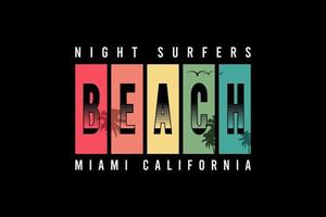 nacht surfers beach miami californië, t-shirt mockup typografie vector