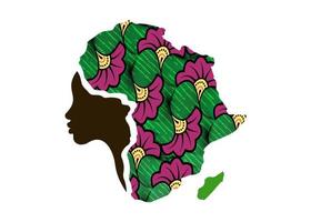 concept van Afrikaanse vrouw, gezicht profiel silhouet met tulband in de vorm van een kaart van Afrika. kleurrijke afro print stof, tribal logo ontwerp sjabloon vectorillustratie geïsoleerd op een witte achtergrond vector
