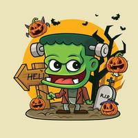 cartoon klein groen monster met pompoenlantaarn met kleine spookpompoenen op griezelige halloween-achtergrond vector