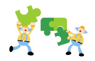 gelukkig clown en Speel groen puzzel samenspel tekenfilm tekening vlak ontwerp stijl vector illustratie