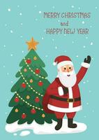 Kerstmis kaart of poster de kerstman claus met zak van geschenken, Kerstmis boom, sneeuw en tekst vrolijk Kerstmis en gelukkig nieuw jaar Aan blauw achtergrond. vlak tekenfilm vector illustratie.