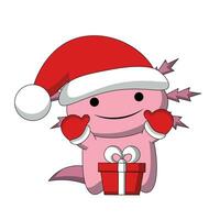 schattig tekenfilm axolotl de kerstman claus en geschenk doos in kleur vector