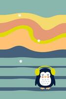 schattig pinguïn in hoofdtelefoons onder de lucht met de polair lichten. perfect vector illustratie voor poster, kaart, spandoek. verticaal afdrukken voor decor en ontwerp.
