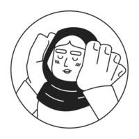 moslim hijab dame handen Aan wangen glimlachen zwart en wit 2d vector avatar illustratie. Arabisch volwassen vrouw cupping gezicht gelukkig schets tekenfilm karakter gezicht geïsoleerd. in liefde vlak gebruiker profiel beeld
